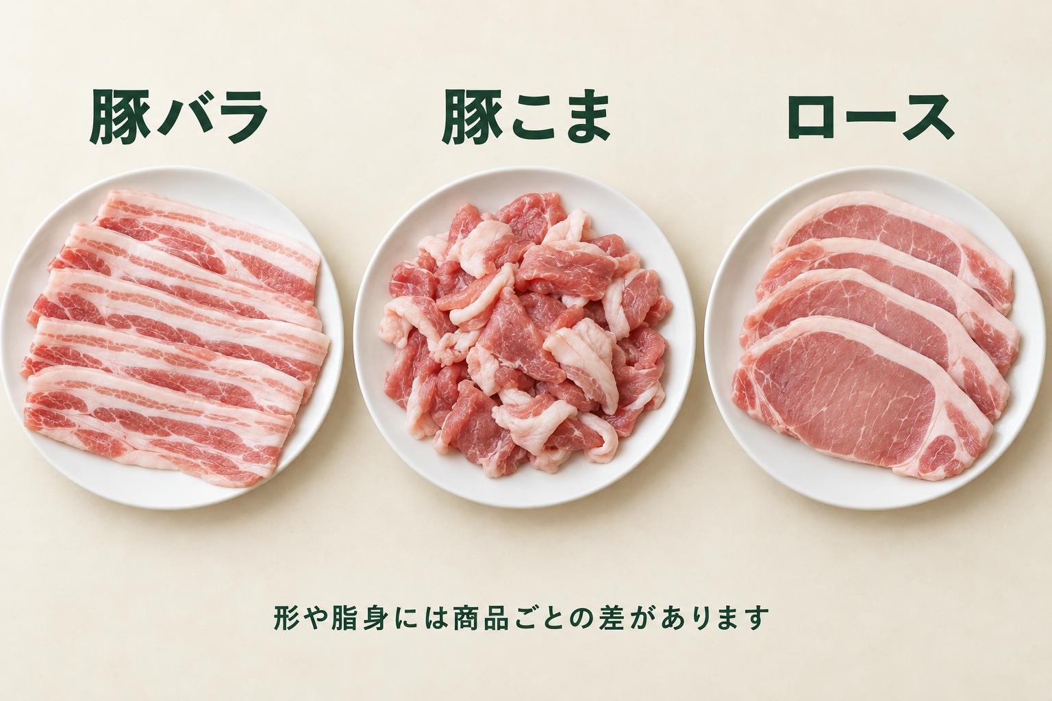 豚バラ、豚こま、ロースの形と脂身の違いを示した比較イメージ