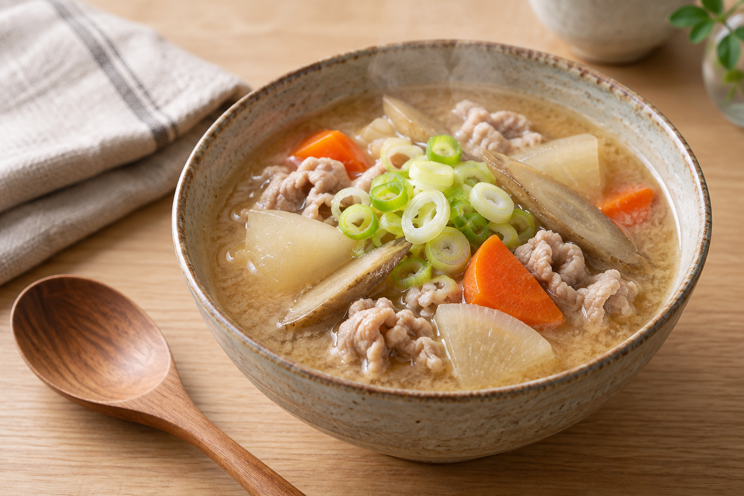 薄切り豚肉と大根、にんじん、ごぼうを合わせた豚汁の盛り付けイメージ